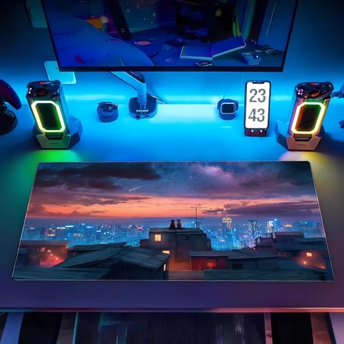 Extended Gaming Mouse Pad XL, Anime Desk Mat 31.5x15.7 in, Non-Slip Base | Ultra-smooth large mousepad featuring a cozy anime city night design. Perfect for mechanical keyboards and optical mice. - color: City starry night view
