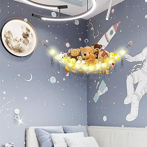 CERETIA Stuffed Animal Hammock with LED Light, Large Stuffed Animals Storage Corner Plushie Net for Kids Room Decor, Grey - color: Grey, size: Large-(Package of 1)