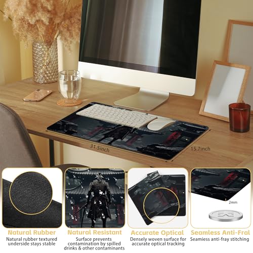 Japanese Samurai Desk Mat Large Mouse Pad Gaming Mousepad 31.5 x 15.8 in | Desk Pad for Keyboard and Mouse, Large Non-Slip Rubber Base Mousepad Desk Mat with Stitched Edges for Gaming Office - color: Japanese Samurai