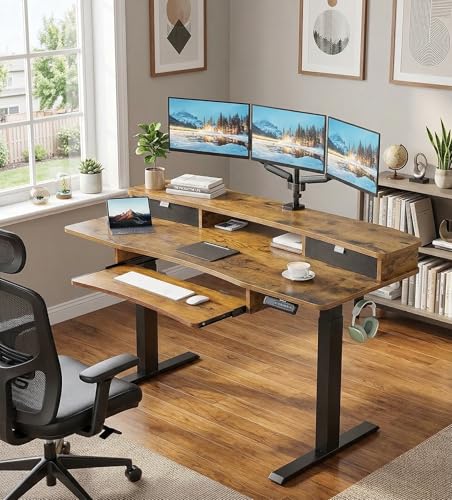 HUANUO 55" x 26" Electric Standing Desk with 2 Drawers & 26.7" Large Keyboard Tray, C-Clamp Mount Compatible, Adjustable Computer Desk for Home Office, Stand Up Desk with 4 Height Presets, Vintage - color: Vintage Brown, size: 55" x 26"