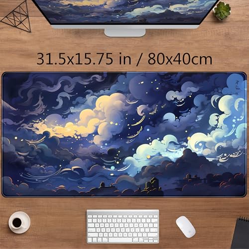 Blue Clouds Desk Mat Large XXL Gaming Mouse Pad Non-Slip Rubber Base Mousepad, Cool Office Desktop Decor Desk Pad, Computer Laptop Keyboard and Mouse Mat with Stitched Edges, 31.5x15.75 in - color: Blue Clouds
