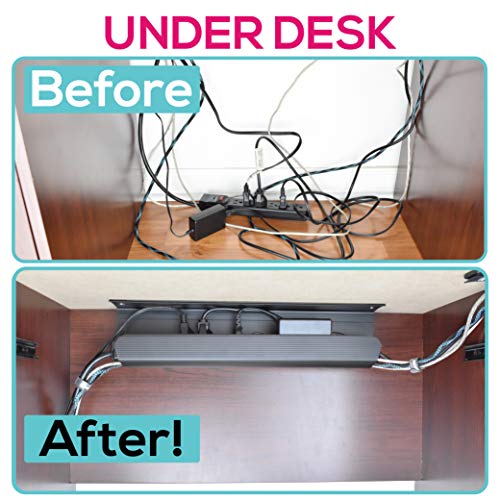 Cable Management Tray, Under-Desk, On-Wall or Side-of-Desk, 17x4x2.4”, 2-PK, Hide & Organize Your Cables, Power Supplies and Power Strips, Bonus 10-Pk Cable Ties