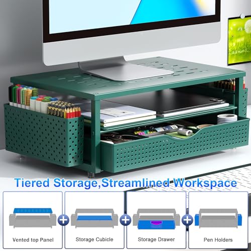 gianotter Desk Organizers and Accessories, Monitor Stand with Drawer and 2 Pen Holder, Desktop Organizer Suitable for Offices and Dormitories (Green) - color: Green-Ventilated