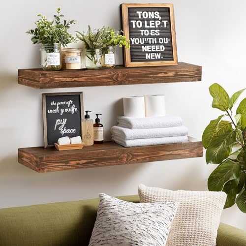 36x3x7 inch Floating Shelves Wall Mounted - Set of 2 Brown Rustic Solid Wood Wall Shelf - Heavy Duty Decorative Fireplace Mantels for Living Room, Bedroom, Bathroom, Kitchen - color: Brown, size: 36x3x7-hollow-2pack