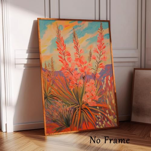 Desert Flower Wall Art Canvas Vintage Artwork Landscape Colorful Prints Pink Floral Painting Abstract Botanical Prints Desert Landscape Poster Vintage Flower Picture For Living Room 16x24inch No Frame - color: D2Unframed