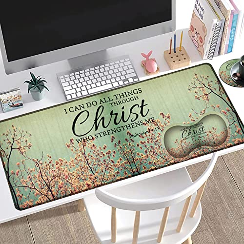 Large Gaming Mouse Pad + Mouse Wrist Rest Pad + Coaster Combination, 31.5 "x 11.8" Durable Non-Slip Extension Table Mat, Suitable for Office and Home, Philippians 4-13 Floral - color: Philippians 4-13 Floral