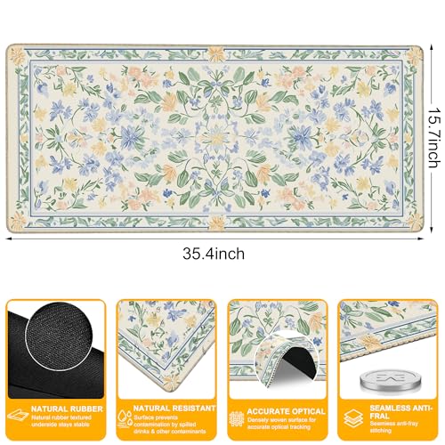 Mouse Pad for Gaming Vintage Floral Botanical Big Gaming Mousepad Large Extended Mouse Mat Non-Slip Rubber Base Desk Pad with Stitched Edges for Office Gamer Home 35.4"X 15.7" - color: Vintage Daisy Floral