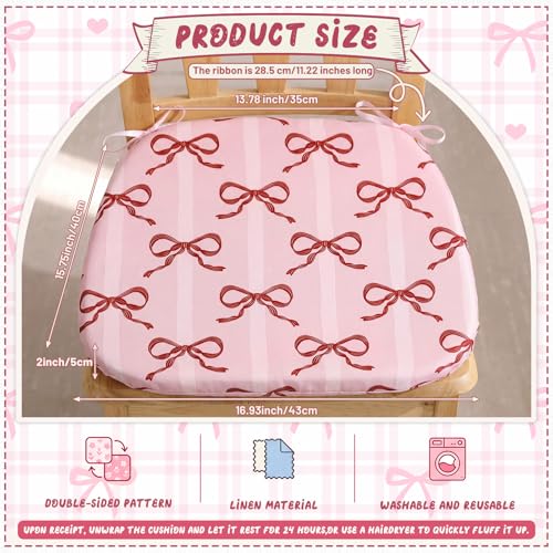 6 Pack Pink Bow Chair Cushions for Dining Chairs 17" x 16" x 2" D-Shaped Breathable Linen Kitchen Chair Pads with Ties Washable Non Slip Seat Cushion for Dining Kitchen Office Indoor - style: Bow