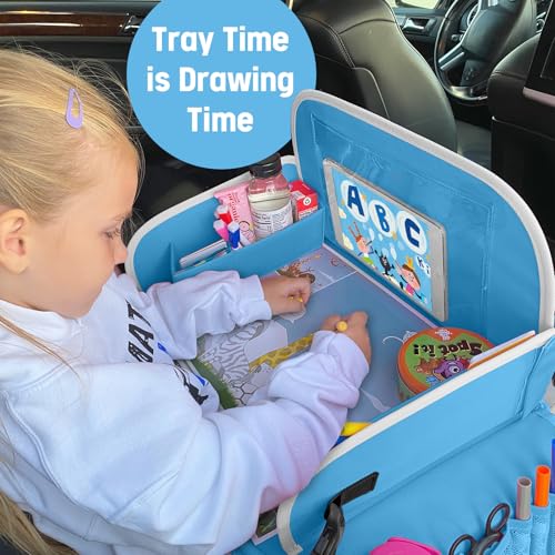 MENZOKE Kids Travel Tray for Boys or Girls, Travel Tray for Kids Car Seat with Tablet Holder, Dry Erase Board & Cooler Cup Holder, Road Trip Essentials Accessories for Car Trip, Airplane (2 Pack) - color: Grey+Blue