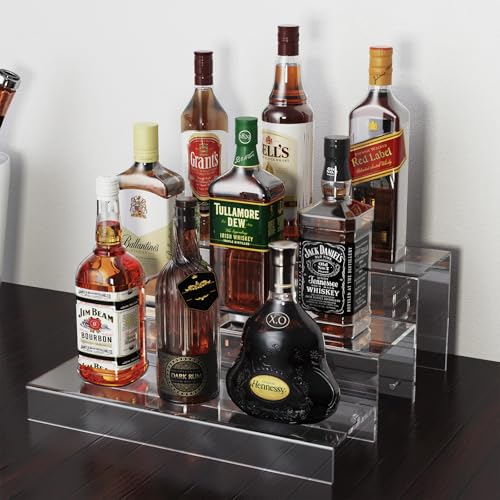 JUESHA 3 Tiers Bar Shelves for Liquor Bottles, 15" Bar Organizer for Countertop, Clear Acrylic Risers Display Racks Stands for Figures Pops Cupcake Perfume Collections (Patent: D1076520S) - color: Clear