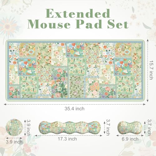 iLeadon Mouse Pad and Keyboard Wrist Rest, Large Computer Desk Mat, Mouse Pad Set with Wrist Pad for Keyboard, Cute Green Desk Pad Mat with Non Slip Base Office Home(Floral) - color: Green