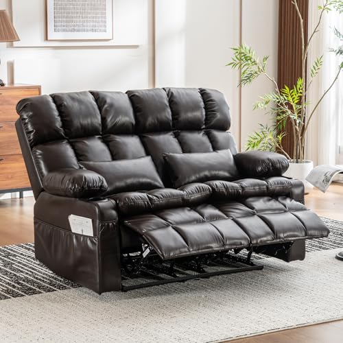 RV Loveseat Sofa with Massage & Heat,Wall Hugger Reclining Loveseat Recliner RV Couch with Cup Holders, Home Theater Seating with Front Porckets&Side Pockets, 2 Pillows, Faux Leather Brown - color: Brown, size: Loveseat