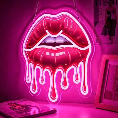 Dripping Lips Neon Sign for Wall Decor, Pink LED Lip Light for Bedroom, Game Room, Bar, Aesthetic Sexy Lip Artwork, USB Powered Dimmable Neon Wall Light - color: Pink-lip