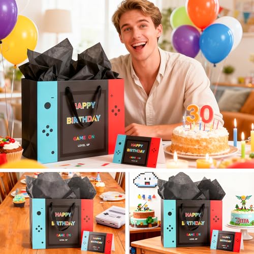 LERCTH Video Game Gift Bags 13" Large Paper Tote Bag with Handles & Greeting Card & Gifts Wrap Paper Reusable Birthday Gift's Bag for Boys Kids Video Game Birthday Party Supplies - color: Game gift bag, size: 1 count (Pack of 1)