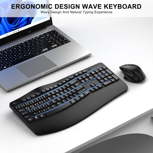 Wireless Keyboard and Mouse Combo, 2.4G Full Size Wave Keys Ergonomic Keyboard with Wrist Rest and 3-Level DPI Adjustable Wireless Ergonomic Mouse for Windows, Mac OS Desktop/Laptop/PC(Black) - color: Black