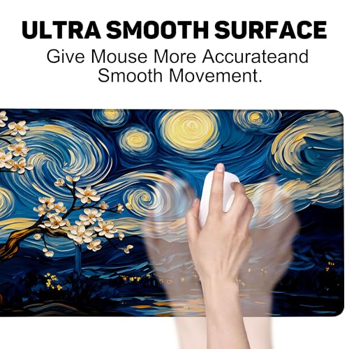 Starry Night Over A Blossom Tree Gaming Mouse Pad Large Desk Mat Extended Keyboard Anime Mousepad with Non-Slip Base and Stitched Edge for Desk Home Office Gaming,31.5 x 11.8 Inch - color: Starry Night over A Blossom Tree, size: 11.8*31.5inch