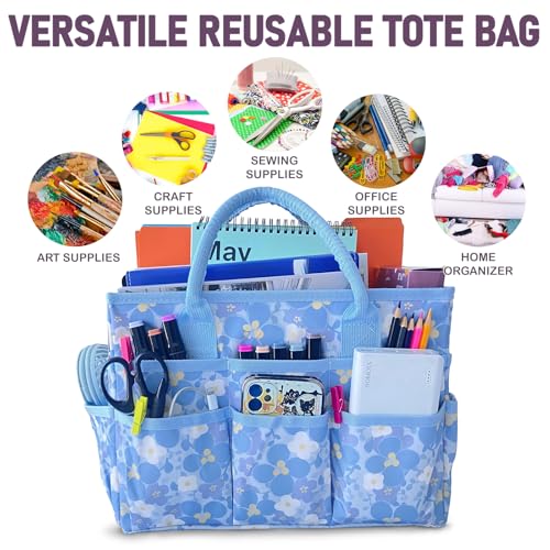Cupohus Craft Organizer Tote Bag – Art Organizer, Craft Caddy with Multiple Pockets, Large Capacity Supply Storage Bag for Sewing, Knitting, Painting, and Travel(Blue Print) - color: Blue Flower