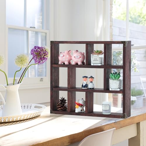 17.7x15.7-Inch Shadow Box Shelf 9-Slot Rustic Floating Shelves Larger Wall Mounted Shelf Lightweight Solid Wood Display Shelf Freestanding Farmhouse(Set of 2,9C-Rustic Walnut) - color: 9c-rustic Walnut, size: 2 PCS