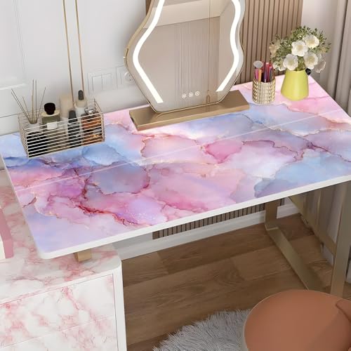 Desk Sticker 39.37 x 23.62 Inch Pastel Ink Marble Texture with Gold Veins Watercolor Cloud Blush Blue Pink Decorative Desktop Cover for Home Office Study Table Art Craft Workspace - color: Colorful216