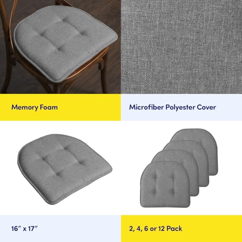 Sweet Home Collection Chair Cushion Memory Foam Pads Tufted Slip Non Skid Rubber Back U-Shaped 17" x 16" Seat Cover, 2 Count (Pack of 2), Grey - color: Gray, size: 4 Pack, style: Foam Pads