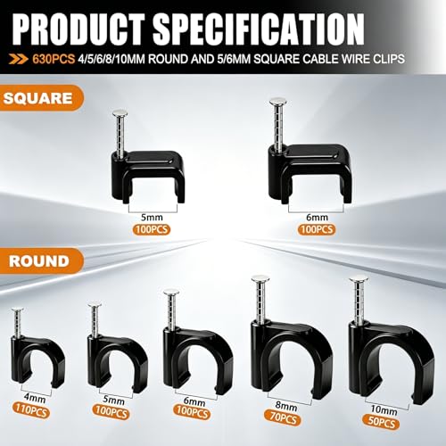 mankk 630PCS Black Cable Clips Nail in Cable Clips Wire Clips 4/5/6/8/10mm Round & Square Ethernet Cables Wall Clips for Cords RG6 RG59 CAT5 CAT6 RJ45 - color: Black-630PCS