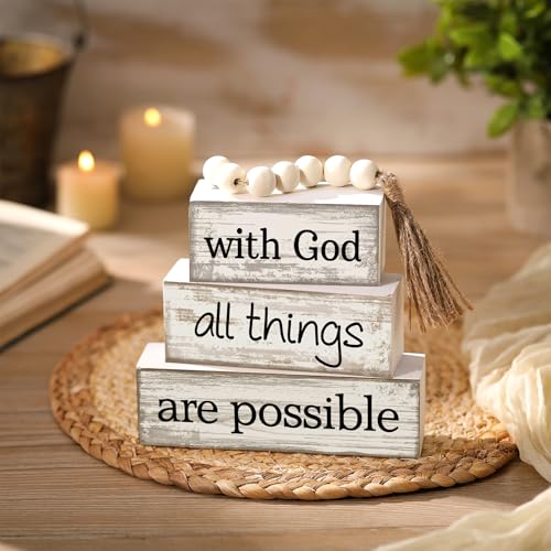 Yuntau 4 Pcs Farmhouse Wooden Tabletop Decor Farmhouse Tiered Tray Decor Rustic Retro Wood Bead Garland with God All Things are Possible Block Sign Neutral Centerpiece Sign for Home Shelf Mantle - style: Farmhouse