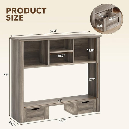 Desk Shelf with Computer Monitor Stand, 37.4''W Desktop Bookshelf Display Rack, Desktop Organizer Storage Rack with Cubbies & Drawers, 5-Tier Hutch for Home, Office, Dorm, Vanity, Grey - color: Grey, size: 37.4"W with Monitor Stand