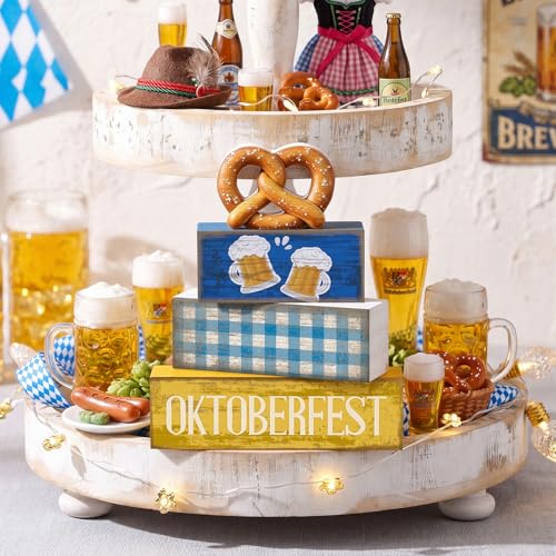 Yuntau 4 Pcs Oktoberfest Table Decorations Wooden Beer Tabletop Centerpiece Bavarian German Festival Tiered Tray Decor Rustic Oktoberfest Block Sign for Photo Prop Party - style: Oktoberfest