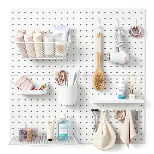 Pegboard Wall Organizer, 4 x11” x 11” ABS Peg Board Wall Organizer with Hooks, Shelves & Baskets, Drill or Adhesive Mount, 110 lbs Heavy Duty Wall Storage for Kitchen, Garage, Bathroom, Office (White) - color: White