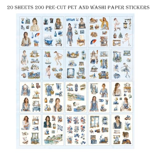 Scrapbooking Stickers 20 Sheets Pre-Cut 200 washi Stickers PET People Sticker Books for journaling Scrapbook Supplies Transparent Journal Sticker - color: Blu