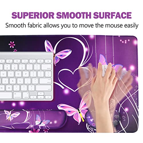 ARTSO Large Gaming Mouse Pad, Keyboard Wrist Rest Pad & Wrist Support Mousepad Set, Stitched Edge, Extended, Non-Slip Base, Memory Foam Desk Mat for Office, Home, Purple Heart Butterfly - color: Purple Heart Butterfly