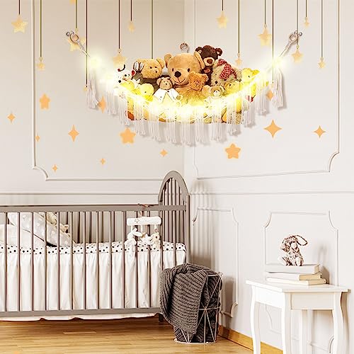 CERETIA Stuffed Animal Hammock with LED Light, Large Stuffed Animals Storage Corner Plushie Net for Kids Room Decor, White - color: White, size: Large-(Package of 1)