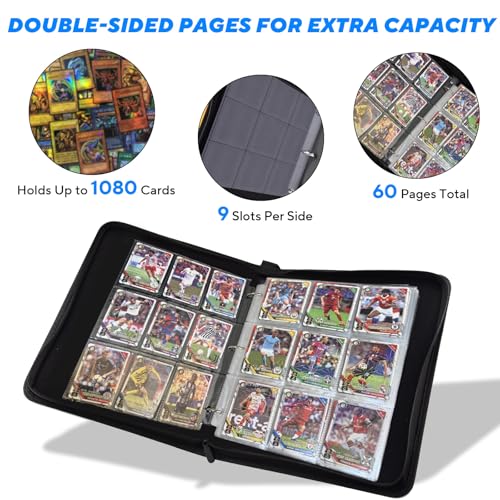 Portable 9-Pocket Trading Card Binder, Holds 1080 Cards with 60 Removable Double-Sided Sleeves, Baseball Card Binder Card Storage Organizer Album for Boys, Girls, Sports & Game Cards - color: 9 Pocket Black Color