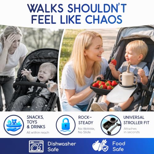 Universal Stroller Snack Tray with Cup Holder 2 in 1 - Stroller Tray Attachment for Baby & Toddler - Baby Stroller Accessories - Fit Most Strollers, Dishwasher Safe with Dust Cover & Silicone Arms