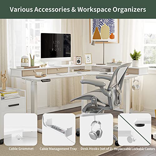 FEZIBO Triple Motor 63" L Shaped Standing Desk with 3 Drawers, Electric Standing Gaming Desk Adjustable Height, Corner Stand up Desk with Splice Board, White Frame/White Top