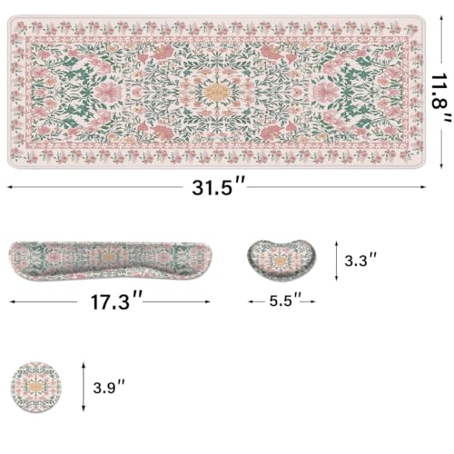 Desk Pad and Keyboard Wrist Rest, Large Mouse Pad + Keyboard Pad+Mouse Wrist Support, Non-Slip Desk Mat Protector for Office, Home 31.5×11.8 Inches Pink Floral - color: Pink Floral