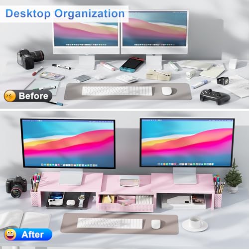 gianotter Dual Monitor Stand Riser, Desk Organizer With Drawer and 2 Pen Holders,Desk Organizers and Accessories, Pink Office Supplies (Pink) - color: Pink