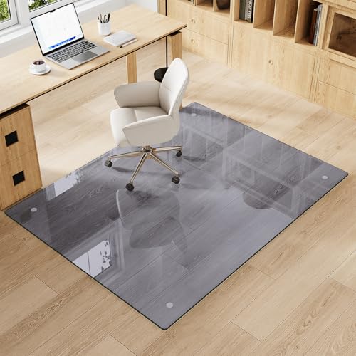 Tempered Glass Gray Chair Mat for Carpet & Hard Floor, 44"x58" Office Chair Mat - Heavy Duty & Scratch Resistant, Non-Slip Pads, Rounded Corners & Polished Edges - color: Grey, size: 44"x58"