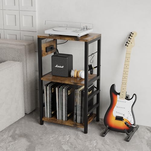 YAKANJ End Table with LED Light,Record Player Stand with Charging Station,Vinyl Records Storage,Turntable Stand Albums Storage for Music Room Studio-Modern Brown - color: Modern Brown