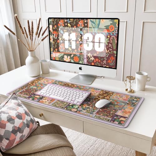 iCasso Floral Desk Pad Mat, Large Mouse Pad, Desk Matt for Desktop, Anti-Slip XXL Big Mousepad with Stitched Edges for Computer Keyboard (Brown) - color: Brown
