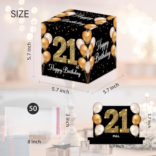 VIVORA 21st Birthday Money Box for Cash Pull, Happy Birthday Black Gold Boxes Gifts for Money Pull Out Card, 50Pcs Transparent Bags - color: Blackgold21st