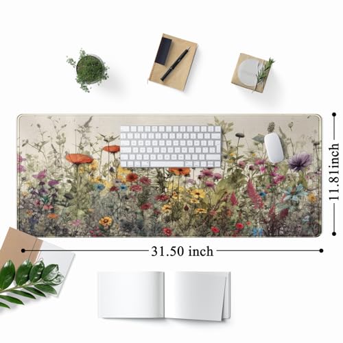 Watercolor Flowers Desk Mat Floral Boho XL Mouse Pad Large Mousepad Extended Vintage Aesthetic Laptop Keyboard Mat Cute Gaming Desk Pad 31.5"x11.8" Office Decor for Women - color: Watercolor Flowers