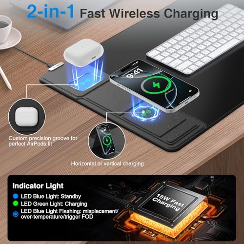 Wireless Charging Mouse Pad with Foldable Phone Holder, 31.5"x15.8" Large Desk Mat for Laptop/Keyboard, Waterproof Ultra-Smooth Surface, Non-Slip Base, Black - color: Black-Phone Holder-31.5"x15.8"