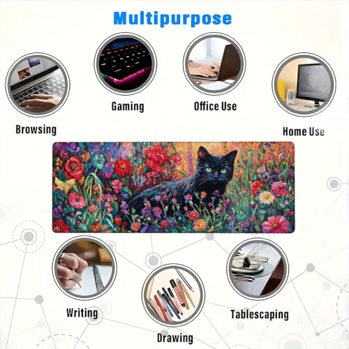 Black Cat Desk Mat Vibrant Wildflower Garden Colorful Fantasy Art XL Mouse Pad Large Mousepad Extended Laptop Keyboard Mat Gaming Desk Pad Mouse Mat 31.5x11.8 Inch - color: Black Cat