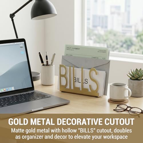 MyGift Gold-Tone Metal Desktop Mail Sorter Organizer with “Bills” Cut-Out Letter Design – Modern Letter Holder for Mail, Invoices, Documents & Office Desk Organization - color: Gold
