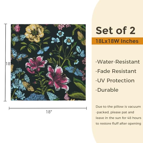 Water Resistant Outdoor Throw Pillow Covers 18x18 inch Set of 2,Zipper Pillows Cover,Home Decorative for Sofa Headrest,Patio Furniture Couch Chair Pillows Cover Only(Flower Butterfly Black) - color: Flower Butterfly Black (Cover Only), size: 18" x 18" (Pa