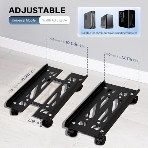 Mobile PC Stand, Adjustable Metal Computer Tower Stand, PC Floor Stand with 4 Locking Caster Wheels, PC Tower Stand, CPU Holder, PC Cart PC Riser Fits Most PC for Gaming Office Desk
