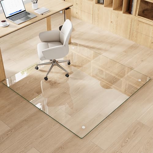 Tempered Glass Chair Mat for Carpet & Hard Floor, 46"x46" Office Chair Mat - Heavy Duty & Scratch Resistant, Non-Slip Pads, Rounded Corners & Polished Edges - color: Transparent, size: 46"x46"