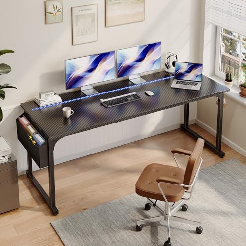 DurayLoly 71" Gaming Desk with LED Lights, Large Office Desk for 3 Monitors or 2 laptops,Long Desk with Storage Bag&Headphone Hook for Study Writing Work Wood Desk,Sturdy Metal Frame,Black - color: Black, size: 71 Inch