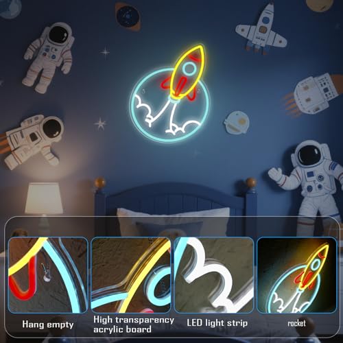 Rocket Neon Sign for Wall Decor LED Dimmable Space Neon Light | USB Powered Neon Rocket Light Space Themed Room Decor Gift for Kids and Space Lovers - color: Blue, White Rocket